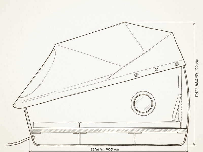Technische Ansicht des Schlafstrandkorbs mit Maßen